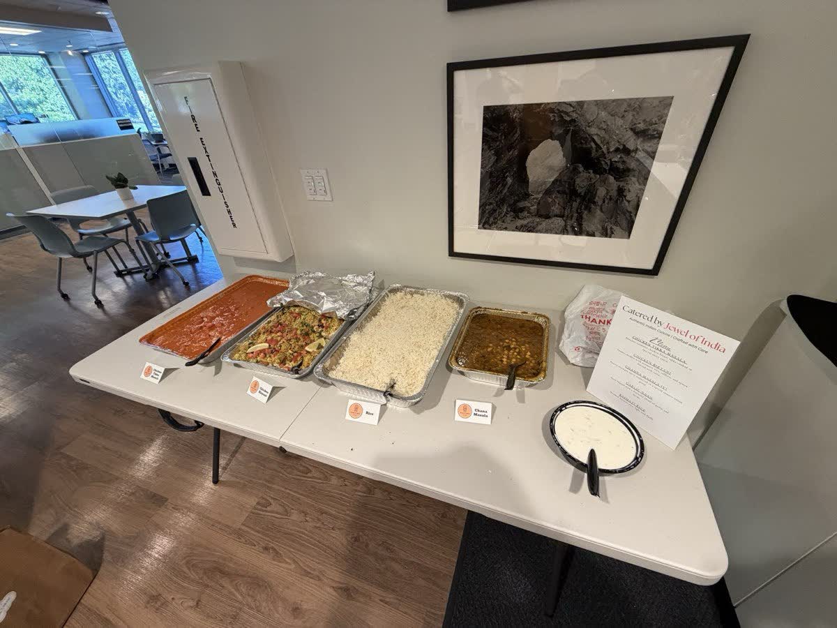 Indian catering buffet set out ready to serve at an office